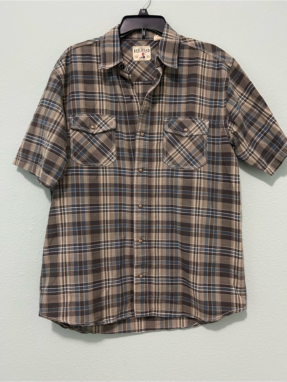 Vintage Redhead Men’s Short Sleeve Plaid Button-Up Shirt - Brown/Blue